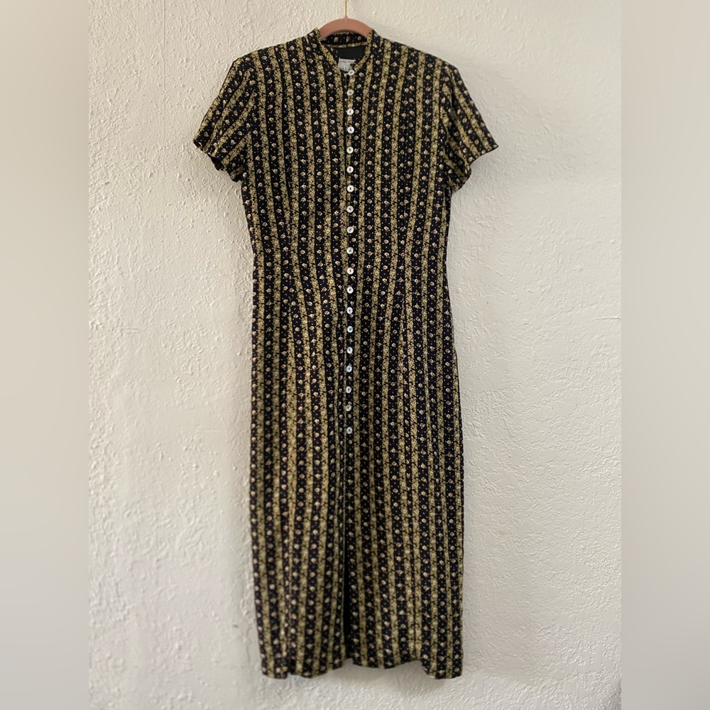 Prairie Rose Vintage Floral and Stripes Pattern Midi Ankle Dress - Size 8